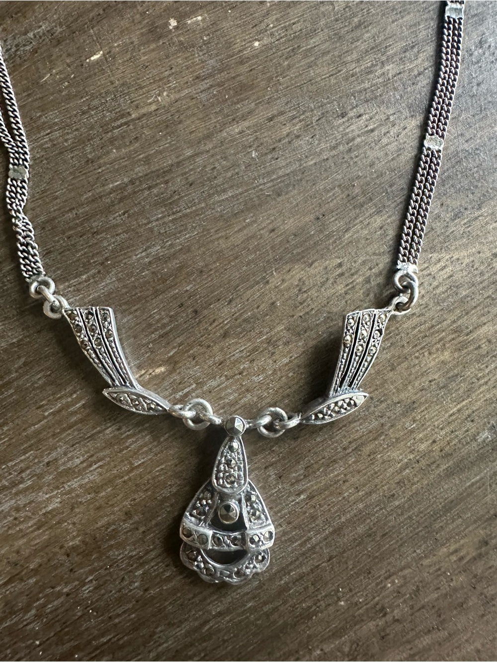 VTG Sterling Silver Marcasite Teardrop Pendant Necklace